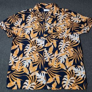 Onia Mens Large Hawaiian Button Down Shirt Orange Navy Palm Leaf Allover Print